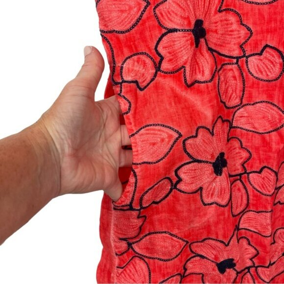 Lungo L’Arno Women’s Red Floral Linen MIDI Dress Bloomchic Cap Sleeve Size Large - Picture 5 of 11